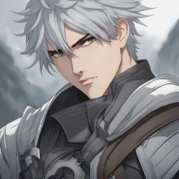 A stunningly detailed (((headshot portrait))), capturing the essence of a young man in his 20s with silver hair and piercing gray eyes, exuding a sense of confidence and protection, anime realism style