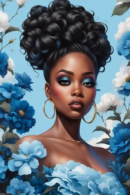 Create an urban art image of a curvy black female wearing a light blue off the shoulder blouse and she is looking down with Prominent makeup. Highly detailed long curly messy bun. Background of large blue and black flowers surrounding her