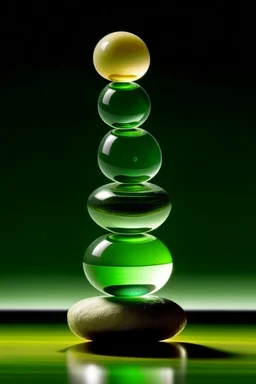 large and small glass balls are on stones balancing on bamboo stems on top of each other, light green background, bright glow