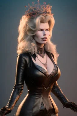 Kim Basinger as evil queen in black leather, busty, cleavage, curvy, angry, stern look. character design by cory loftis, fenghua zhong, ryohei hase, ismail inceoglu and ruan jia. unreal engine 5, artistic lighting, highly detailed, photorealistic, fantasy