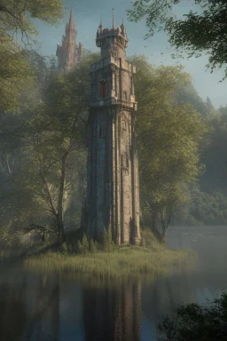 Fantasy three-story Gothic Tower, With A Side Building, On An Island, In A Lake, In Woodland, With A Flying Boat Overhead