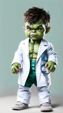 Little baby hulk, full portrait looking at the camera realistically, dressed as a doctor,