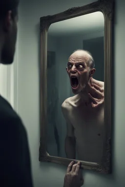 a man looking into a mirror and seeing a horrifying, monstrous reflection