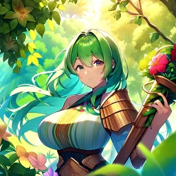 A gorgeous tanned anime girl in green and wooden armor with long ((green)) hair), master of the plant element, holding a wooden plant magical weapon, sape plants, vines, tropical flowers, leaf, leaves, exotic fruits, tropical forest, trees