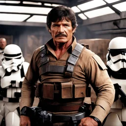 [in the spaceship] Charles Bronson, ready to fight, in dust, rust and blood, his chest is covered with cartridge belts, he fights stormtroopers