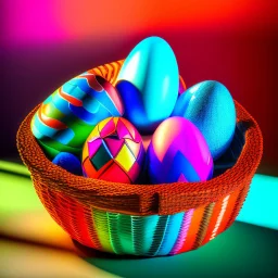 digital photograph of off-center modern basket colorful Easter eggs. eggs display intricate textures in azure, emerald, blush,red, crimson,gold, sapphire,metallic cinematic HDR backlighting highlights subtle dimples and glossy reflections, with shallow depth of field softening the sunlit background. hyperrealistic 8k resolution,