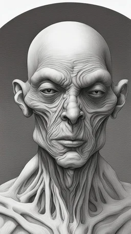 𝙋𝙧𝙤𝙢𝙥𝙩 highly detailed graphite illustration, A surreal alien figure with exaggerated anatomical features, heavily wrinkled skin, and an intense, contemplative expression. bald head, thick eyebrows, long beard merge into swirling abstract shapes. Large, expressive hands, one covering the mouth and the other gripping the forehead tensely. Mysterious, introspective, dreamlike, somewhat dark fantasy. #𝙙𝙧𝙚art #prompt