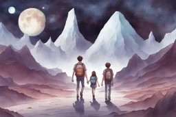 illustration concept art water color style for teenagers in other planet watching the moon and mountains having adventure two teenagers are walking mystery weird cretures mushroomsexiting