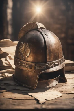 The Roman centurion's helmet lies on an old cracked wooden table. Next to the helmet, on the table, lies a cross on a string and a scroll of parchment. A ray of sunlight reflects off the helmet. All around is the entourage of ancient Rome. High quality image in 8K