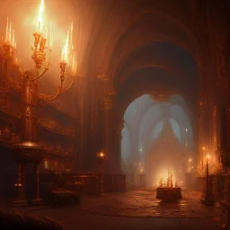 dark fantasy concept art, dynamic lighting, hyperdetailed, intricately detailed, Splash screen art, deep color, Unreal Engine, volumetric lighting, fantasy library artwork, indoors, cozy, leather, wood, library, candles, gold,