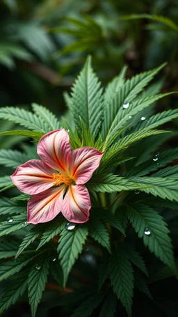 create a plant Marijuana and focus on a group of leaves, with big flower, they have some water drops but no too exagerated, make the photo nearer and the water frops bigger, the background is like in a jungle
