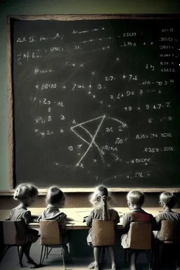 Subatomic particles writing equations on a chalkboard, while educating human children sitting at desks