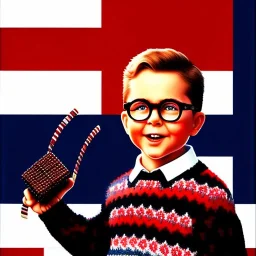 ralphie peter billingsley glasses, chubby boy in argyle sweater holding a bar of (dark red soap)