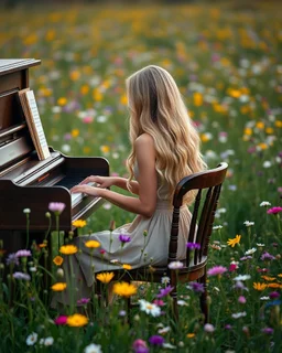 Beautiful blond adorned sit on chair wood and playing piano in Realistic photography of a field of wildflowers, soft natural lighting, vibrant colors, intricate details,peaceful and serene atmosphere.