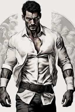 David Gandy Very muscular man short cropped hair and rough beard, tribal tattoos wearing white button up shirt, realistic face, close-up, dark fantasy, interrogation room, intricate details, hyper detailed