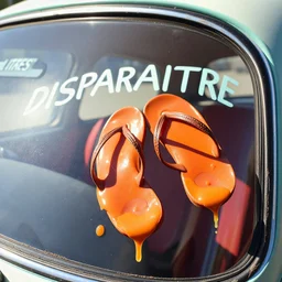 paire de tongs qui a fondu au soleil, ils dégoulinent, à la vitre d'une voiture vintage, avec le mot français "DISPARAITRE" sur la vitre