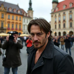 Actor Keanu Reevers posing for photographers on a square in Brno.