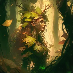 create a forest dryad enchantress , with highly detailed, sharply lined facial features, in the deep forest of Brokilon in rustic woodland colors, 4k in the style of Peter Mohrbacher