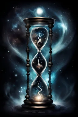 Keeper of Time. Hour glass, haunting figure, dark cosmic background