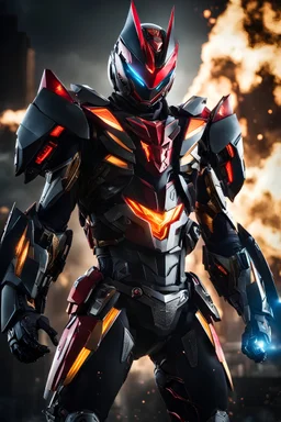 Kamen Rider in a robot transformer, super suit with spikes on his arms and shoulders, explode, hdr, (intricate details, hyperdetailed:1.16), piercing look, cinematic, intense, cinematic composition, cinematic lighting, color grading, focused, (dark background:1.1) by. Addie digi