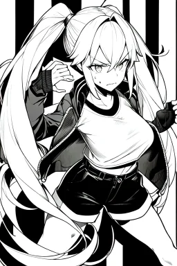 blonde girl with ponytails dressed in a jacket and shorts walks angry, greyscale