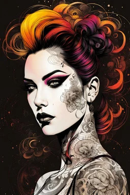 an abstract and serene illustration of a tattooed goth girl with highly detailed hair and facial features , finely drawn and inked, 4k, hyper detailed and vibrantly colored in the comic art style of Bill Sienkiewicz and Frank Miller