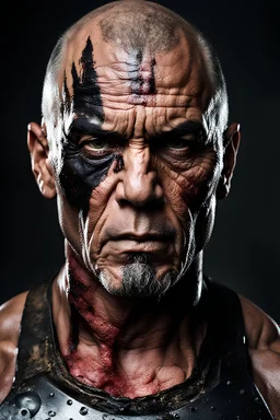 portrait of a 55 year old man. He's a warrior. His face is scarred and he has large scars. He has a dark and frightening look. He has salt and pepper short hair and a beard. He seems very strong. He is very muscular.