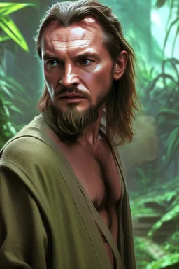 Step into the captivating photograph, where the legendary Qui-Gon Jinn, a wise Jedi Master, commands attention! With astonishing hyper-realism, Qui-Gon, in the prime of his 20s, wears an intriguing scifi-inspired outfit. The backdrop features a lush and vibrant jungle, adding a sense of mystery and adventure to the scene. The diffused lighting and clever interplay of shadows create an aura of intrigue around Qui-Gon. His presence in this dynamic shot is both captivating and serene, drawing you i