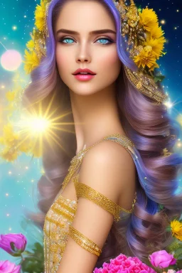 Beautyful smiling young woman, long hair amazing blue eyes, flowers, happy cosmic, bright colors, blue, pink, gold, jewels, realistic, photo real, clear sunny background, highly detailed, high contrast, 8k high definition, unreal engine 5, extremely sharp detail, light effect, sunny light backgroundgold, jewels, realistic, photo real, clear sunny background, highly detailed, high contrast, 8k h