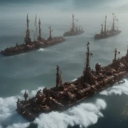 fleet of steampunk viking ships on Jupiter, 4k, highly detailed, cinematic, ultra photorealistic, ultra realistic, volumetric lighting