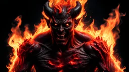 Create a half body shot of a hyper realistic evil devil engulfed in flames, Ultra realistic and highly detailed, 100% black background, 8k, hdmi, photo, vibrant, portrait photography, 3d render