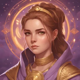 dungeons & dragons; digital art; portrait; female; cleric; violet eyes; golden brown hair; ponytail; young; robes; traveling; light purple robes; roman style dress; cleric of mystra; stars; teenager; magic; circle halo background; soft details