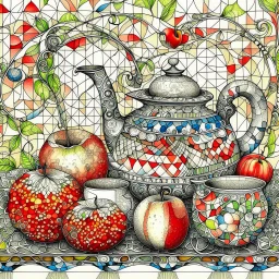 Watercolour and ink patchwork in the style of Jamie Heiden, Walter Crane, Yayoi Kusama, Ivan Shiskin, John Atkinson Grimshaw: zentangle cute whimsical watercolor Still life with apples on a porcelain plate and a teapot crisp quality, ultra detailed, elegant, fantastical, surreal, watercolor and pen, beautiful high definition fine 3D line art, white and grey and red dreamy colours, extremely detailed, intricate, elaborate, HDR, award winning, expressionism, fantastic view, ethereal, fantasy, unsi