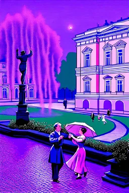 The time is 1943. The old Moscow courtyard of the early 20th century in the style of the Stalinist world, with a lilac branch in the foreground, it is raining lightly and raindrops are flowing down a lush lilac branch. In the back there is a middle-aged Couple dancing a classical dance together against the backdrop of the Moscow Bolshoi Theater. The image is of extra quality and sharpness