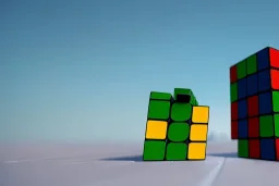 A single, tall Rubik cube skyscraper tower, oranfe, white, blue, green