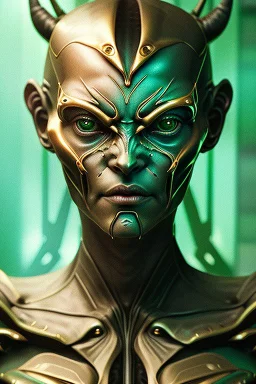 Alien Satan, delicate, large green square eyes, intricate gold markings on face, cyberpunk, powerful, horror, sharp focus, octane render, post-processing, epic composition, elegant, studio lighting, fiona staples, mandy jurgens, david finch, guillermo del toro