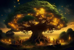 The tree of Heavens, huge tree floating heaven, warm and cozy, people living, firelights, beautiful, Serene, Warm place