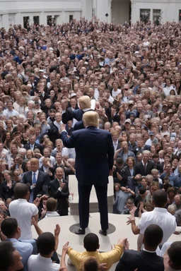 donald trump standing on a balcony with hundreds of people below kneeling