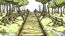 Cartoon style: far far away, at the end of the bridge, there is one tiny wooden house