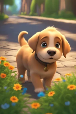 the light brown puppy strolled along the cobblestone path, he noticed someone watching him through some flowers. Pixar style; bright, vibrant colors