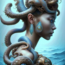 Sango fantasy, fantasy magic, intricate, sharp focus, illustration, highly detailed, digital painting, concept art, matte, art germ and Paul Lewin and Kehinde Wiley, masterpiece Japanese mermaid head bronze octopus' Asian African girl nice breast Thai hair turquoise silver blue under water