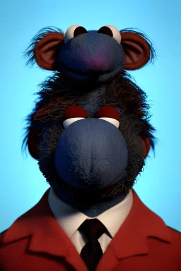 Waist up muppet Portrait, Vladimir Putin as muppet doll, Black suit, photo studio, blue background, unreal engine 5, concept art, art station, god lights, ray tracing, RTX, lumen lighting, ultra detail, volumetric lighting, 3d.