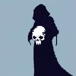 16 bit pixelart of a shadow figure with a white skull