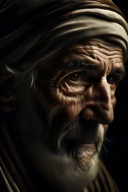 Portrait of an elderly Arab man, adorned in traditional head cover, concealing the lower part of his face, exuding a poignant sense of sorrow. The composition is framed with a slightly lower angle, capturing the depth of emotion in his expression.