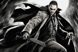 Action shot of Tom Hardy as Father Alexander Anderson from the live action "Hellsing" movie based on the anime of the same name. He is fighting Alucard (played by Tom Hiddleston).