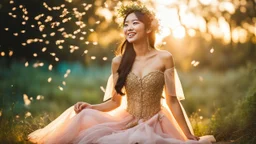 A gorgeous smiling Asian model in a fairy outfit in a wood dandelio seeds in the air and fireflies at sunset