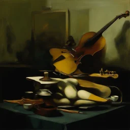 human body, universe-like table,complex surgical instruments mixed with human body-like musical instruments,minimalism,Painting By Adrian Ghenie, Rene Magritte, Lucian Freud