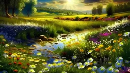 realistic summer landscape photography, field overflowing with daisies and pansies, near a creek, warm atmosphere, sideways, elegant soft diffused light, fantasy, very attractive, beautiful, with high detail, fantastic view.