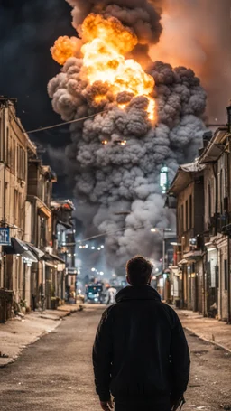 Man in a black bomber jacket, back to the camera, looking down a street, watching an explosion of fire and lights in front of him.