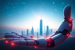 a big modern city build In the open palm of robotic hand ,blue sifi ,stars in sky,